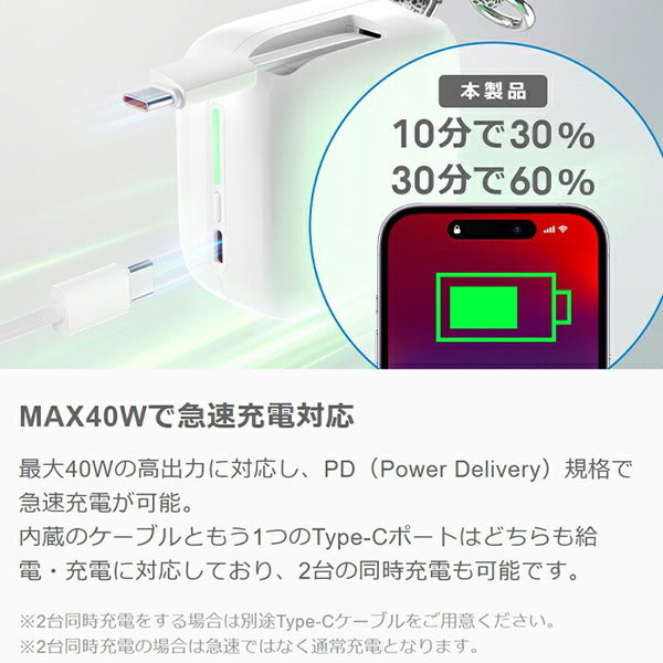 LOOF モバイルバッテリー 巻き取り式 リール 伸縮ケーブル 70cm 10000mAh