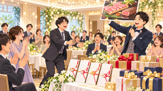 二次会でビンゴ景品のパネルを掲げて発表する司会者