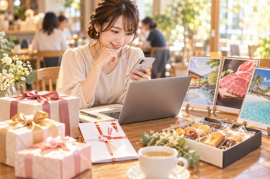 二次会景品の買い場所をノートパソコンとスマホで比べる幹事