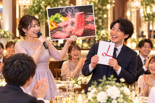 二次会で景品パネルを掲げる司会者と目録を受け取って喜ぶゲスト