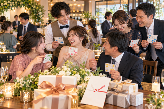 二次会のビンゴを楽しむ幅広い年代のゲスト