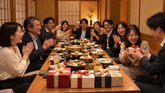 少人数の忘年会で景品を受け取る同僚たち