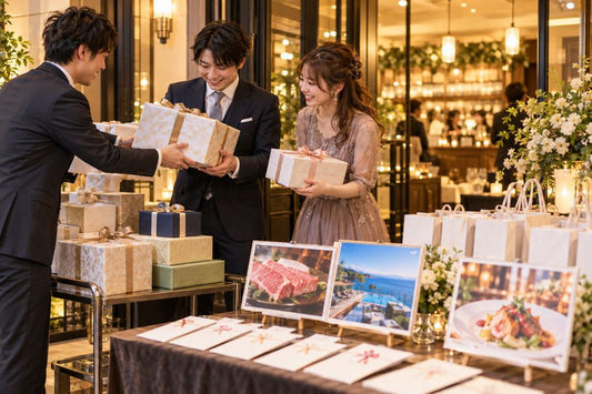 二次会会場に直送された景品を幹事が受け取り確認する様子
