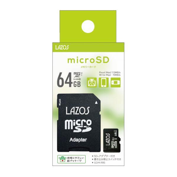microSDカード Lazos 64GB/Read110MB/s Write70MB/s/UHS-IU3/CLASS10/SDアダプター付
