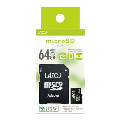 microSDカード Lazos 64GB/Read110MB/s Write70MB/s/UHS-IU3/CLASS10/SDアダプター付